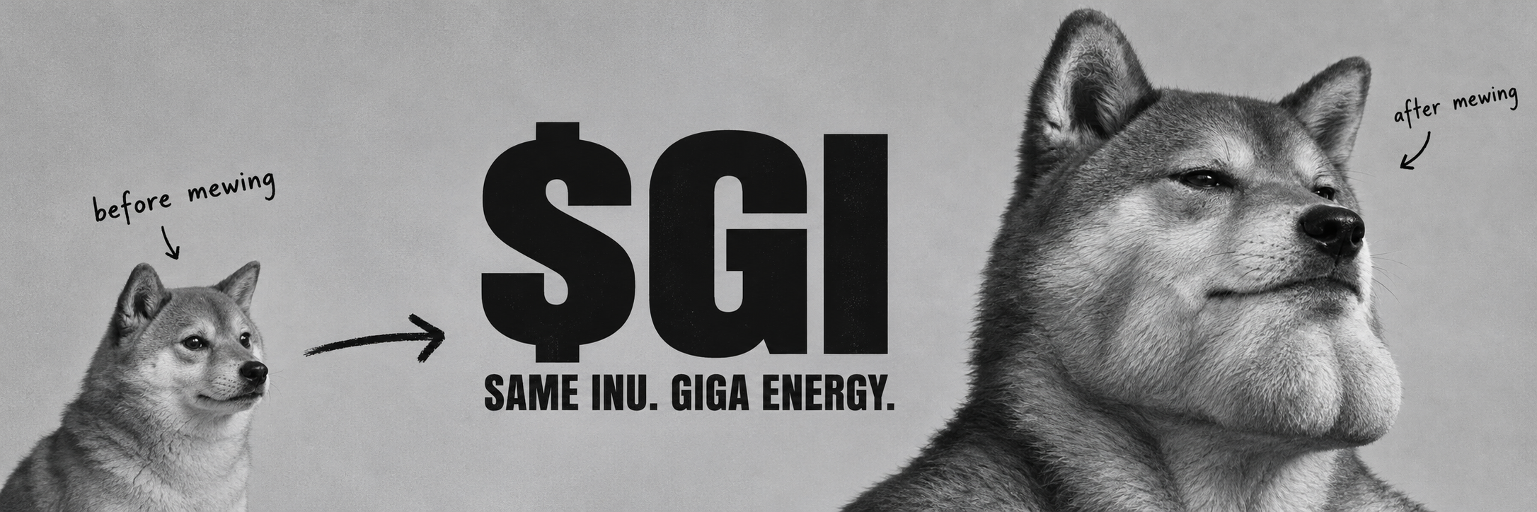 Meme banner showing a normal Shiba before mewing and Giga Inu after mewing, with $GI and Same Inu. Giga Energy.