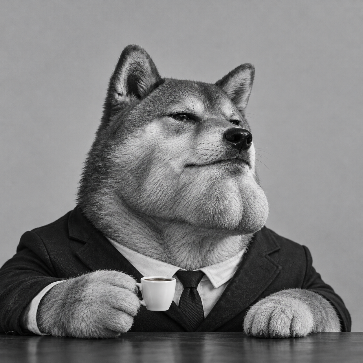 Giga Inu as the deadpan CEO of mewing, wearing a tiny suit and holding a tiny espresso cup